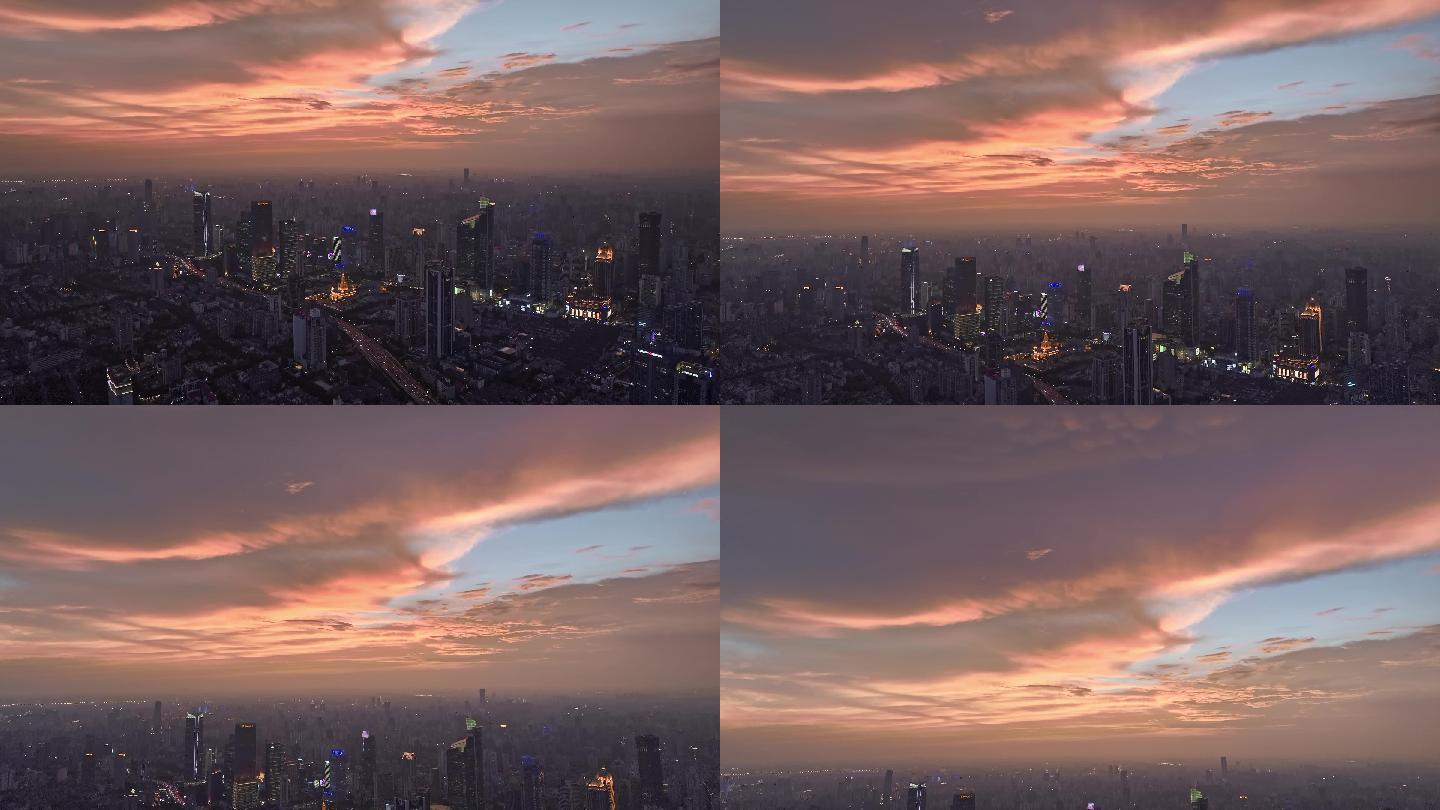 4K原创-上海展览中心日落火烧云夜景航拍
