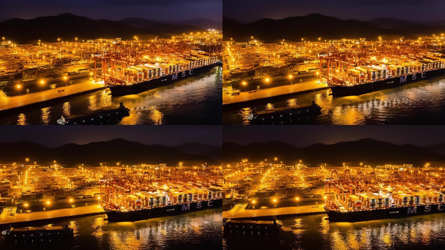 航拍延时集装箱货轮海船吊装海港码头夜景
