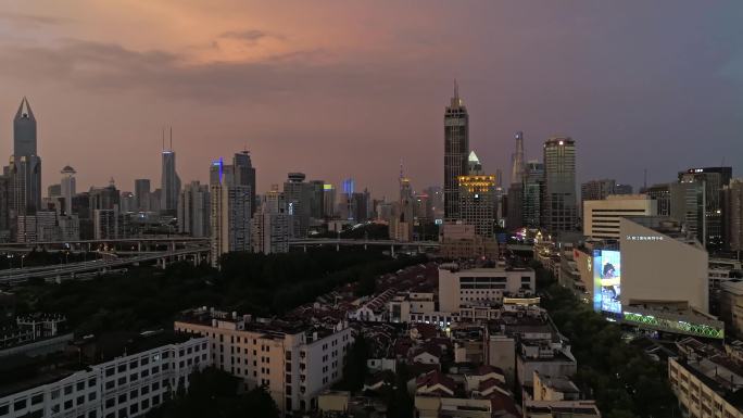 上海城市高架城市天际线夜景航拍