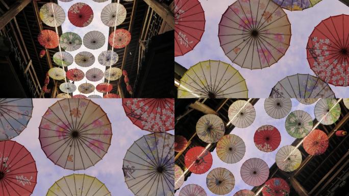 天空下彩色的油纸伞