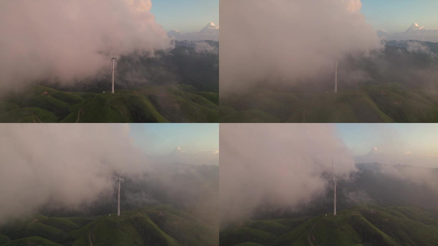 新能源之美-夕阳云海下的风力发电机