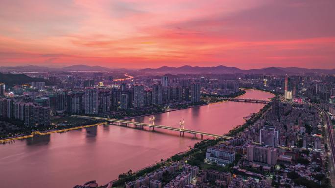 航拍珠海前山河白石桥4k晚霞夜景延时