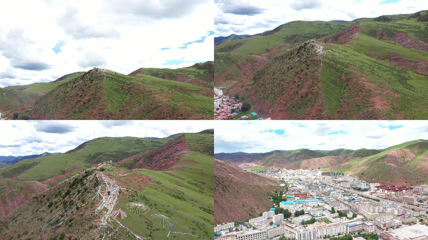 西藏 芒康山风景 经幡 白色民居