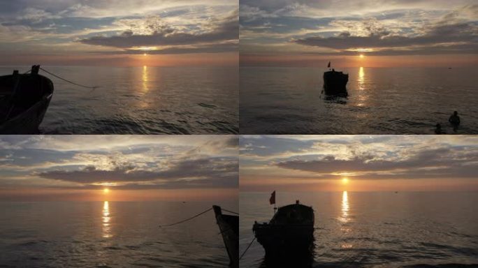 鱼村海边夕阳渔船打鱼