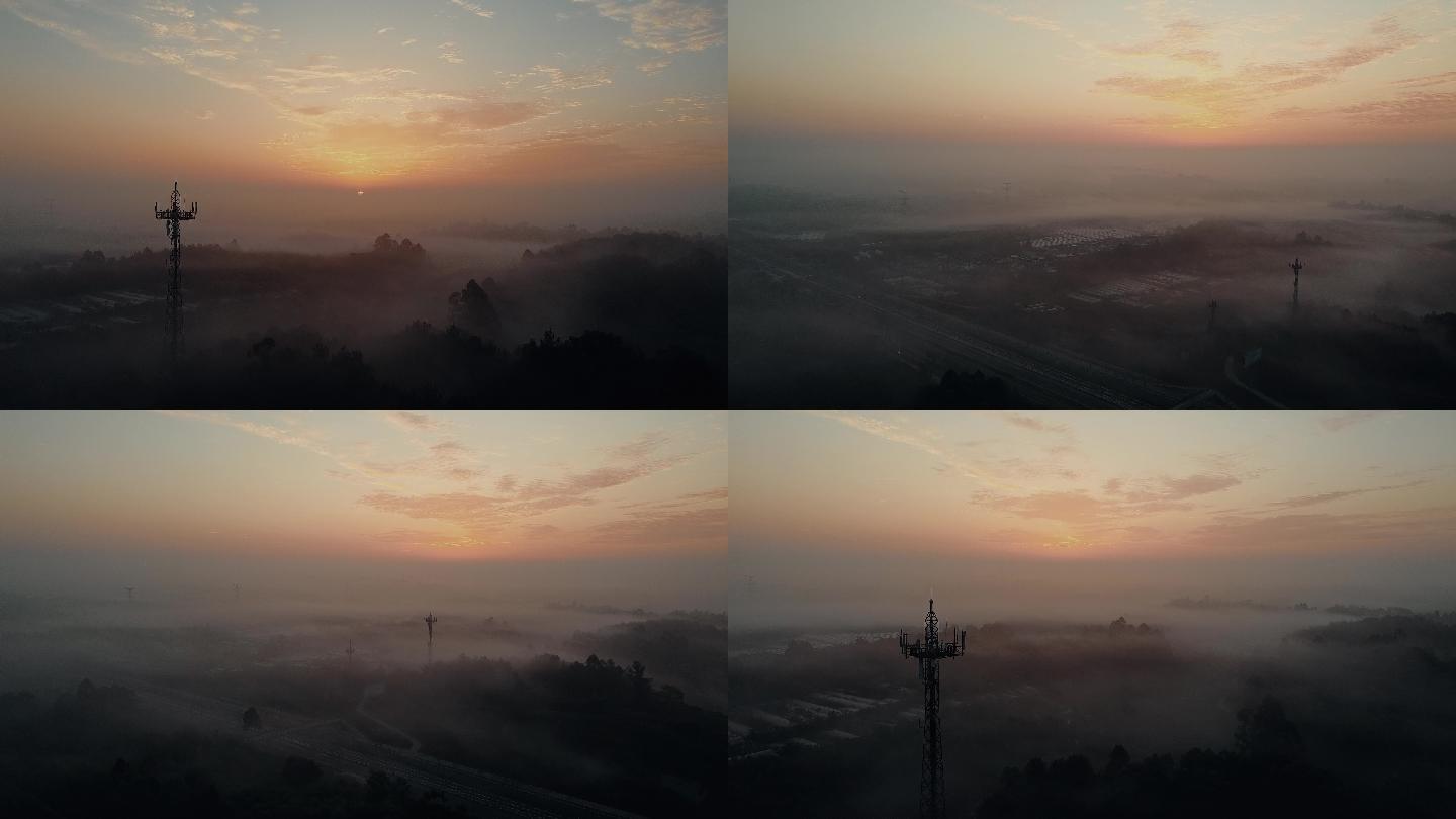 航拍城市郊区日出晨雾中的电信信号塔
