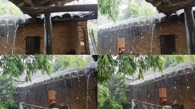 农家庭园小院情调植物小屋屋檐瓦楞雨水雨滴