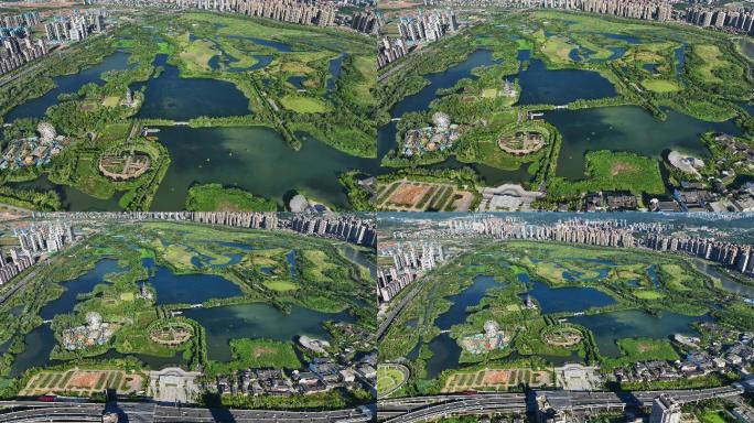 航拍长沙洋湖湿地公园全景