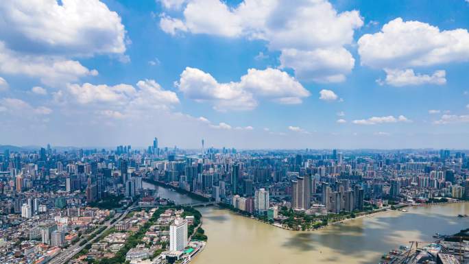 广州珠江两岸城市天际线延时摄影航拍4k