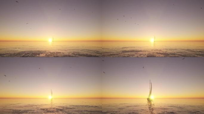 落日夕阳海面海鸥帆船冲出屏幕大屏意境背景