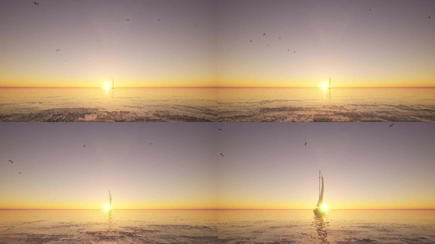 落日夕阳海面海鸥帆船冲出屏幕大屏意境背景