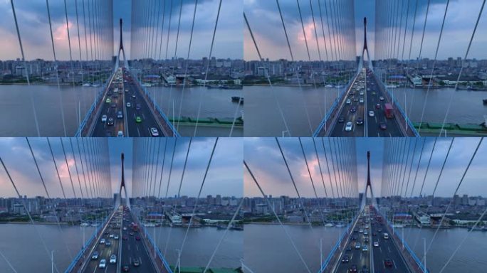 上海杨浦大桥桥梁交通日落夜景4k航拍