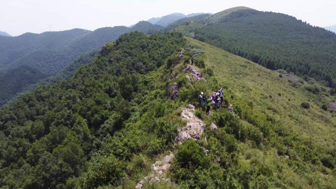 原始森林山顶徒步登山的行人