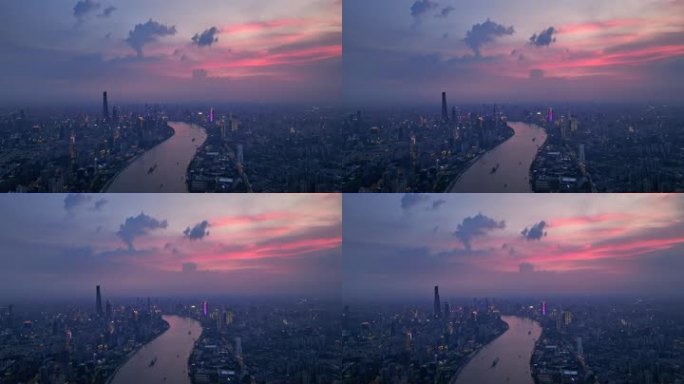 上海日落城市天际线夏季夜晚4K原创航拍