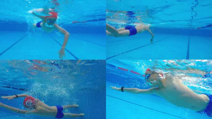 水下拍摄少年在游泳池游泳震撼翻滚一组