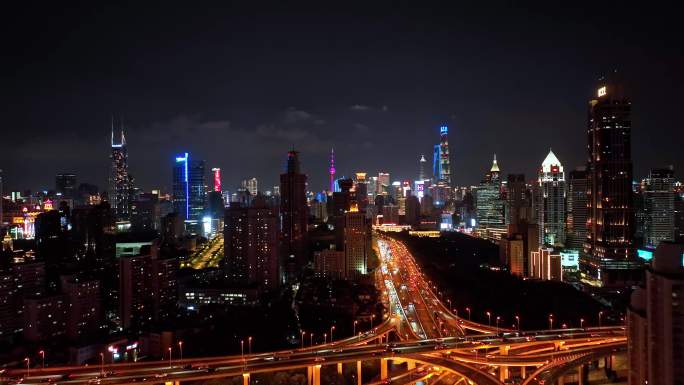 上海城市高架城市天际线夜景航拍