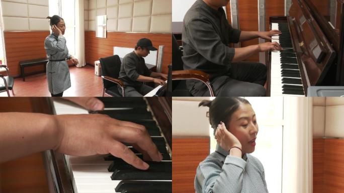 蒙古族歌唱家在排练厅练歌音乐老师弹琴伴奏