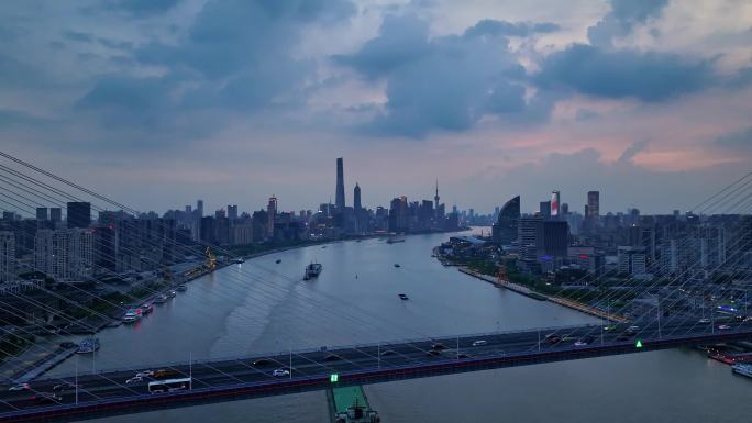 上海杨浦大桥桥梁交通日落夜景4k航拍