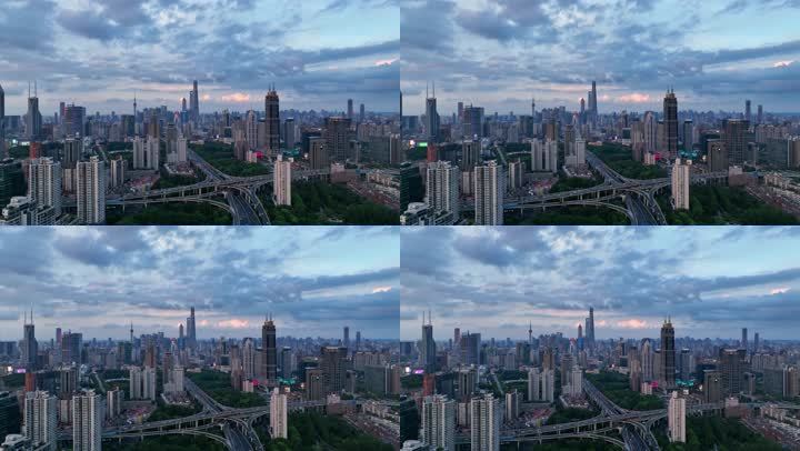 上海城市高架城市天际线夜景航拍