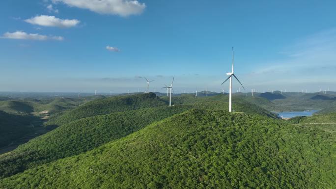 航拍山区风力发电机风轮机风电能源自然风光