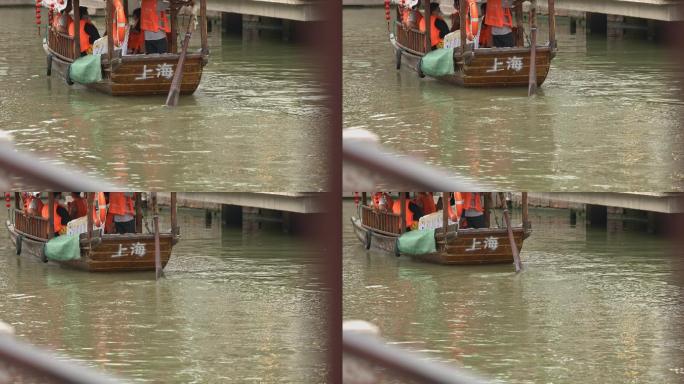 8K实拍上海古镇游船水中划桨特写