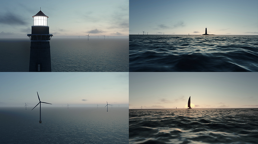 大海灯塔帆船航行海鸥指引方向海上风力发电