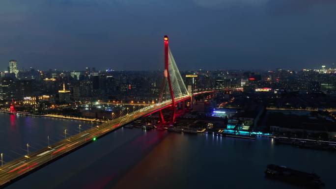 上海杨浦大桥桥梁交通日落夜景4k航拍