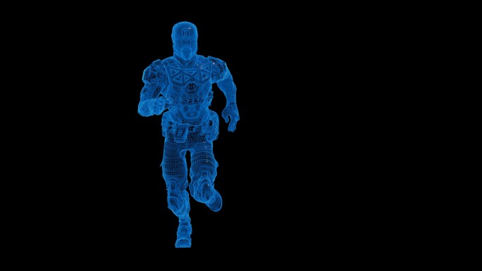 蓝色科技线条机甲战士奔跑透明通道素材