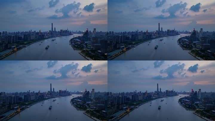 上海日落城市天际线夏季夜晚4K原创航拍