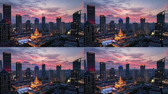 4K原创-上海展览中心日落火烧云夜景航拍