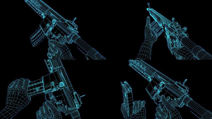 4K蓝色全息线框科技持枪动画素材带通道