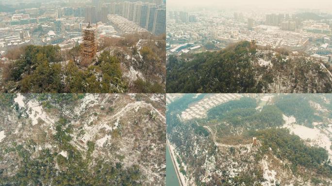 航拍临安钱王故里功臣山功臣塔雪景