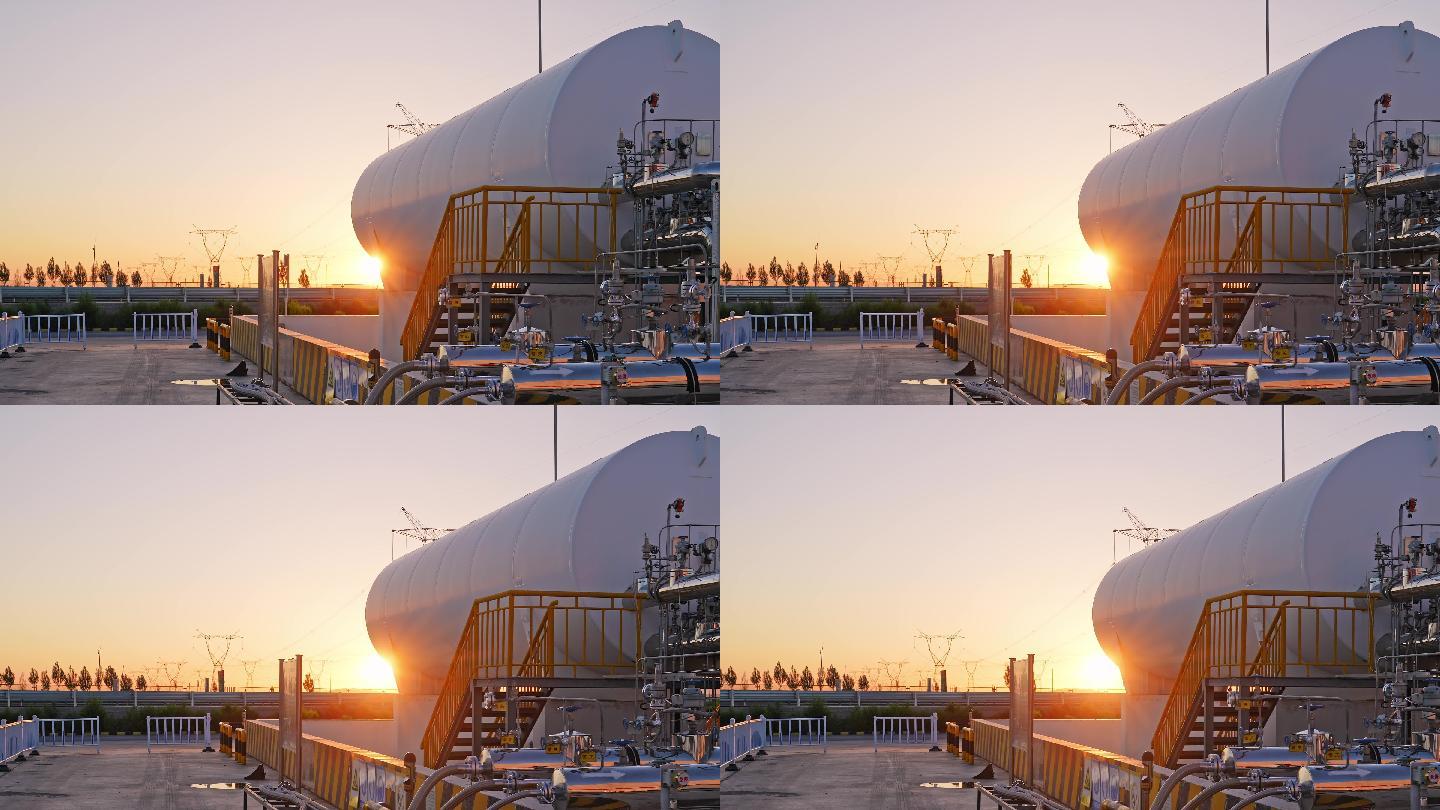 夕阳下高压电线塔附近巨大的储油罐航拍