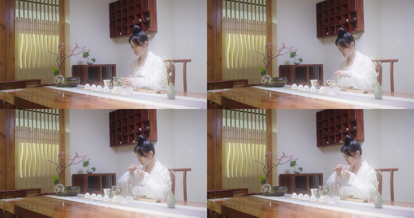 古风汉服女孩喝茶品茶4k