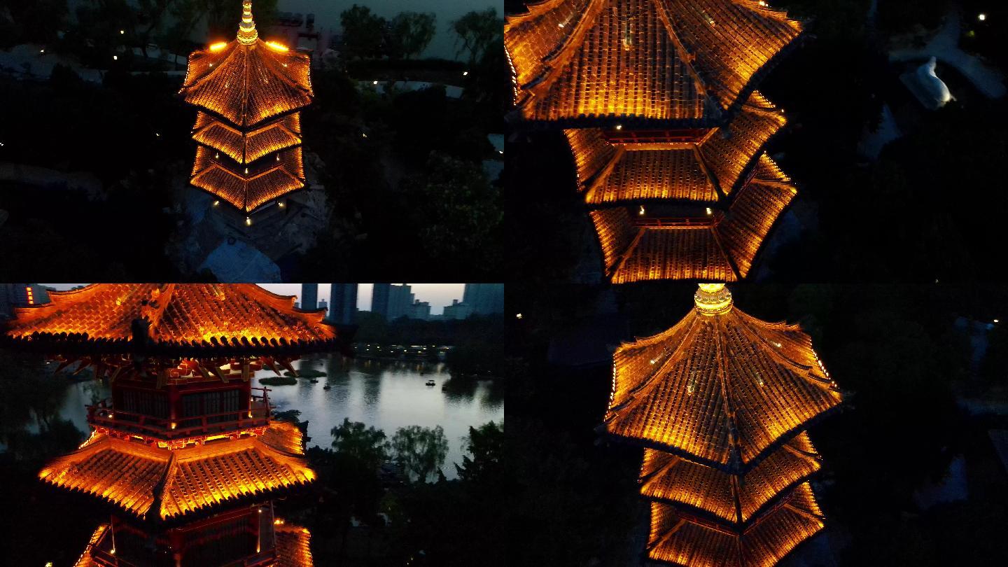 兴庆公园的制高点夜晚亮起的彩云间塔