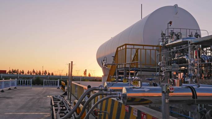 夕阳下高压电线塔附近巨大的LNG罐航拍