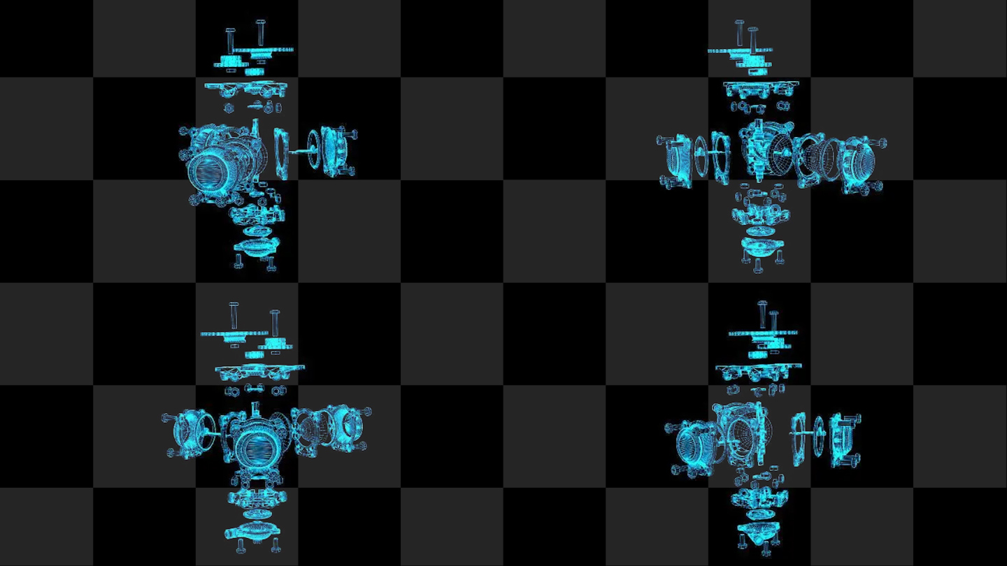 4K蓝色全息科技线框发动机拆解动画带通道