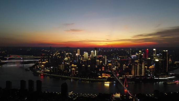 航拍重庆黄昏时间的夜景