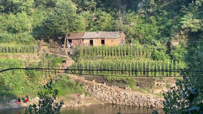 农田河流土房子打水人01