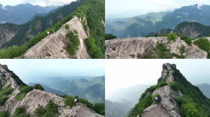 男子爬山探险秦岭爬山野外旅行嘉午台航拍