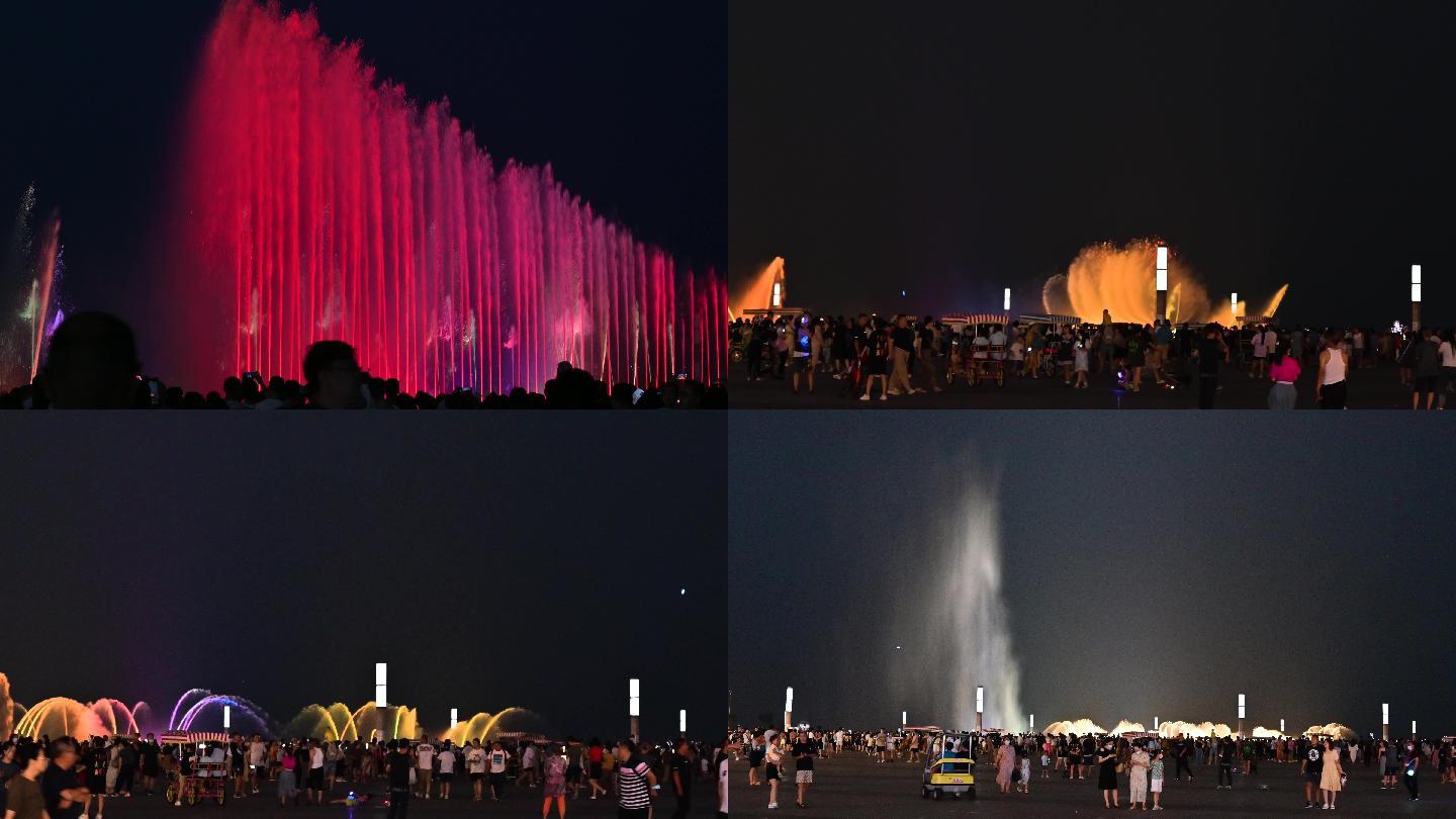 视频4K大连东港夜晚喷泉旅游人群景点风景