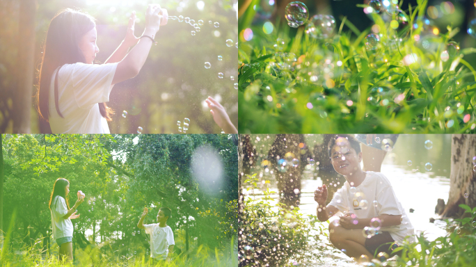 夏天孩子们在公园玩耍吹泡泡玩水4k视频