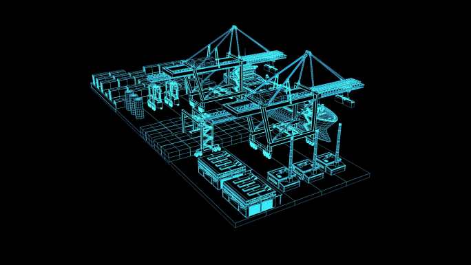 4K蓝色全息线框科技港口货船素材带通道
