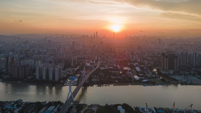 广州鹤洞大桥和城市天际线日出延时摄影