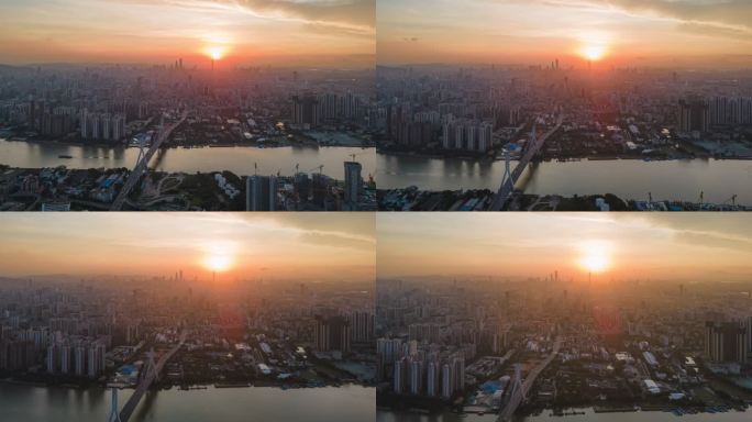 广州鹤洞大桥和城市天际线日出延时摄影