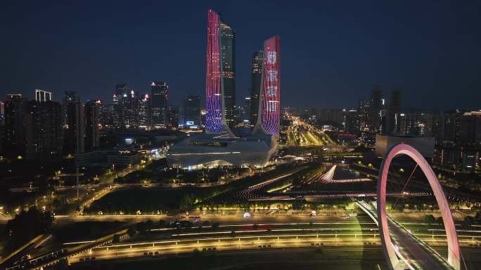 航拍夜幕下的南京双子塔和南京眼