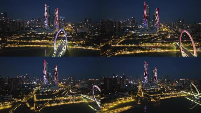 航拍夜幕下的南京双子塔和南京眼