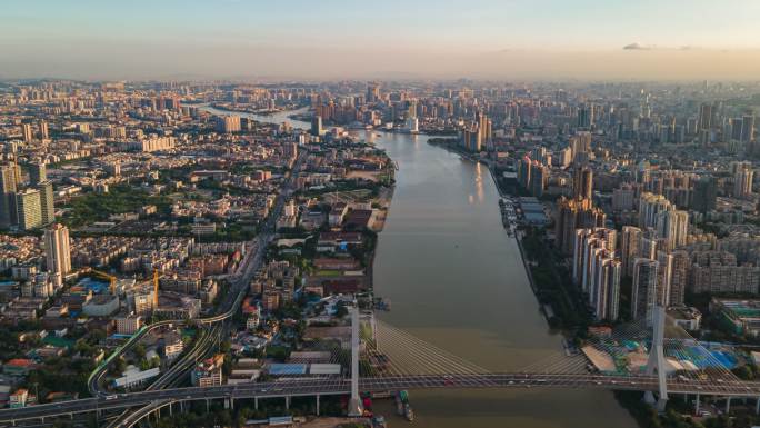广州鹤洞大桥和白鹅潭商务区日出延时航拍