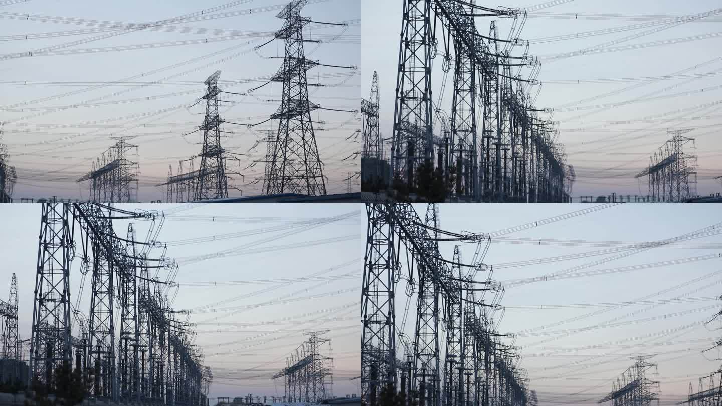 夕阳下的电网电塔