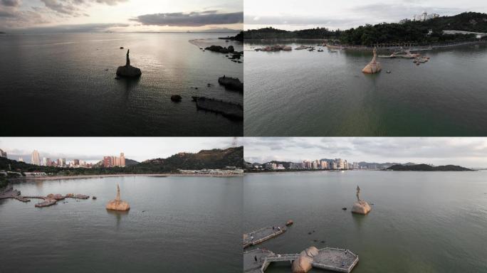 珠海渔女清晨航拍素材4k