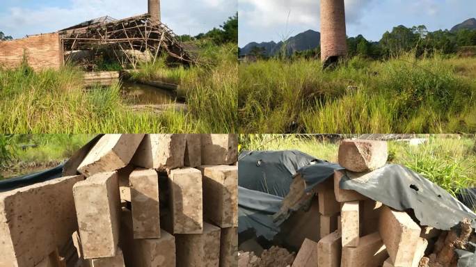 厂区野草 郊外荒野工厂 高高的烟囱